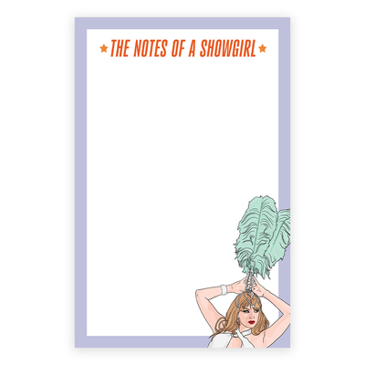 The Notes of a Showgirl Notepad by Sammy Gorin LLC features 50 sheets, sturdy cardboard backing, a purple border, and a showgirl in a white costume with a green feathered headdress illustrated in the corner.