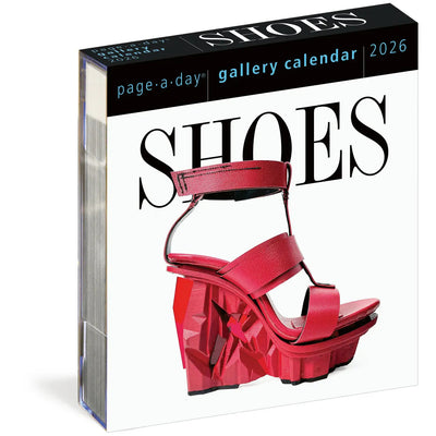The Shoes Page-A-Day® Gallery Calendar 2026 by Hachette Book Group features a striking red geometric high-heeled sandal on the cover, perfect for shoe lovers.