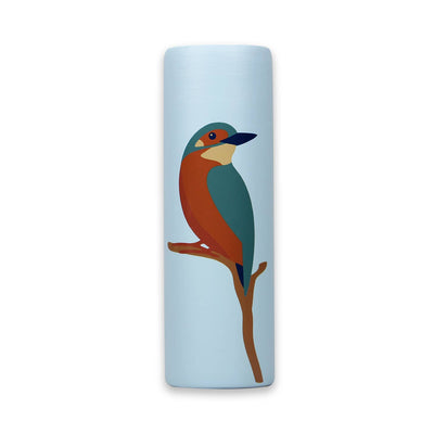 The Kingfisher Vase by Half Moon Bay By Design is a light blue ceramic cylinder with a minimalist kingfisher illustration—teal, rust, and beige feathers on a brown branch—perfect for bringing wildlife decor into your home.