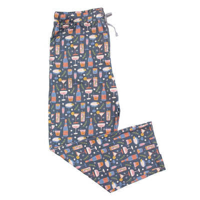 The Cheers Bamboo Relaxed Lounge Pajama Pants by Emerson and Friends feature a gray base and a colorful cocktail-themed print. These soft bamboo pants offer a relaxed fit, elastic waistband, and drawstring for cozy sleepwear style.