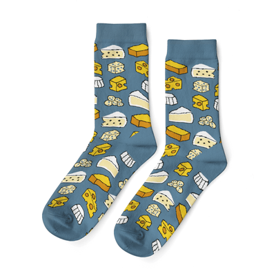 Yellow Owl Workshop's Cheese Crew Socks – Large: blue cotton socks with whimsical yellow and white cheese patterns, perfect for fun-loving foodies or as quirky foodie gifts.