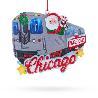 The BestPysanky Chicago Train with Santa Resin Ornament features Santa riding a silver Chicago train with a Welcome sign, "Chicago" in red script, stars, and a wreath—a festive Christmas tree decoration for your holiday display.