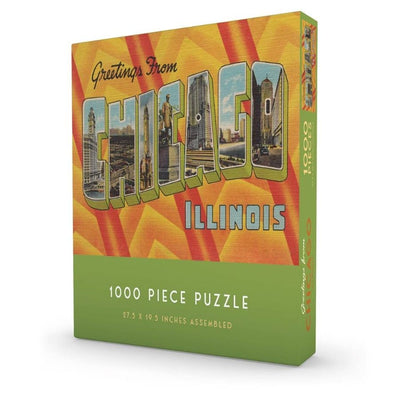 Puzzle box with 'Greetings from Chicago, Illinois' design on a white background