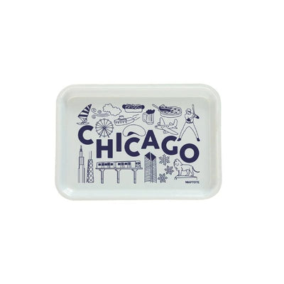 The Maptote Chicago Small Tray displays bold “Chicago” lettering surrounded by city icons like deep dish pizza, a hot dog, skyline, L train, baseball player, and lion—an ideal gift for any Chicago fan.