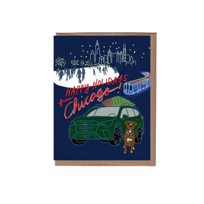 La Familia Green’s Chicago Cityscape Holiday Box Set features 8 handcut collage cards with “Happy Holidays from Chicago!”, city skyline, skaters, train, green car, dog in scarf, all on dark blue. Includes recycled kraft envelopes.