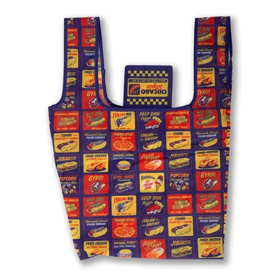 Explore the Chicago Style Eats Pocket Tote by Transit Tees, a foldable pocket tote designed for food enthusiasts. Made from durable ripstop polyester, it features hot dogs and Italian beef in vibrant red, blue, and yellow squares.