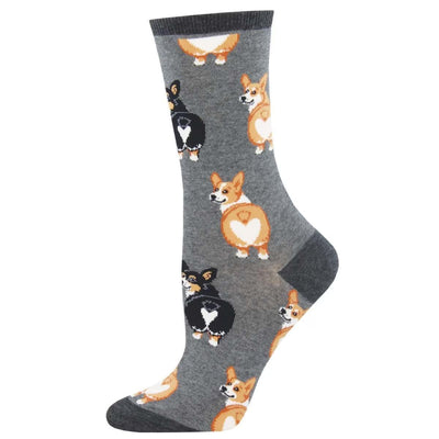Socksmith Corgi Butt Womens Socks: gray cotton socks with a pattern of tan and black corgis featuring white heart shapes on their backs. Fits womens size 9-11.