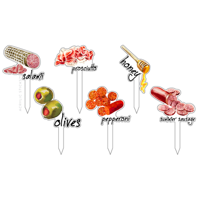 The XO ACRYLICS | ACRYLIC STICKS Meat Lovers Acrylic Charcuterie Sticks Combo features illustrated labels—salami, prosciutto, honey, olives, pepperoni, and summer sausage—each with matching art and handwritten-style text.