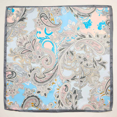 The Sensibling Corp. Pastel Paisley Pattern Printed Square Silky Satin Scarf features an intricate pastel paisley and floral design in soft hues with a grey border on a light background, crafted from 100% polyester for a smooth finish.