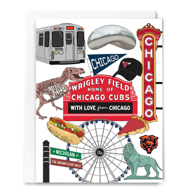 The With Love from Chicago Icons Greeting Card by Sammy Gorin LLC features original collage art of Chicago icons like the Bean, Wrigley Field sign, subway train, Ferris wheel, and more. Blank inside for your personal message.