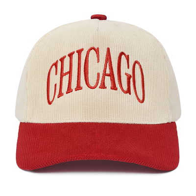 The Funky Junque Chicago 2-Tone Corduroy Hat in Red/Beige is a unisex 5-panel cap with a beige crown, solid red brim, and bold red CHICAGO embroidery for a classic, timeless style.