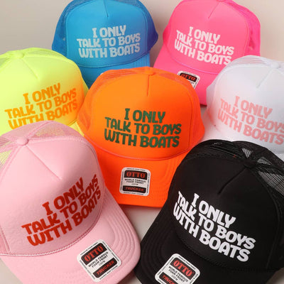 Seven Fashion City I Only Talk To Boys With Boats Mesh Back Caps, featuring a bold front logo and breathable mesh backs, come in blue, pink, orange, black, and more. Arranged in a semi-circle for display.