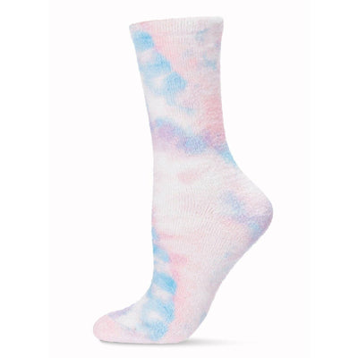 The Tie-Dye Infused Cozy Crew Sock by Infinity Classics International Inc. features a pastel pink, blue, and white pattern, shown on a plain white background.