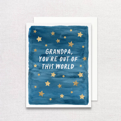 This Gert & Co eco-friendly Fathers Day card, Grandpa, Youre Out of This World, features a blue background with gold stars and a heartfelt message for Grandpa.