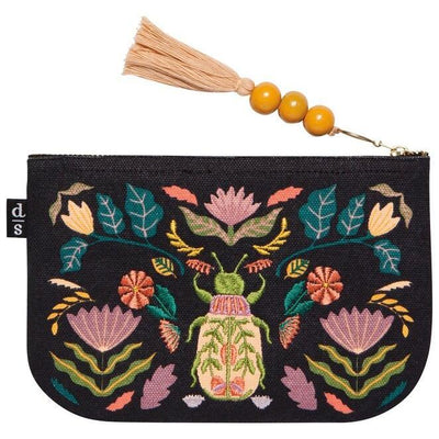Embroidered pouch with floral and beetle design on a black background, featuring a tassel and beads.