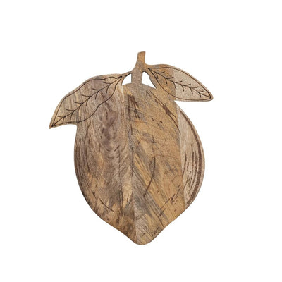 The Mango Wood Laser Etched Lemon Shaped Cheese/Cutting Board by Creative Co-op features a stylish leaf design and serves as both a wooden cutting board and an elegant cheese board. It boasts a beautiful natural wood finish with exquisite grain texture.