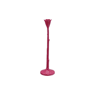 The Fuchsia Cast Iron Flower Shaped Taper Holder by Creative Co-op boasts a tall, slender design like a tree branch, elegantly standing on a round base.