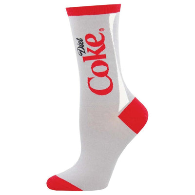Socksmith Diet Coke Womens Socks: White cotton with red accents and the Diet Coke logo in red and black on the side. Fits womens size 9-11.