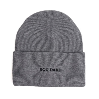 The HATPHILE Dog Dad Embroidered Beanie Hat in Grey features ribbed stretch knit, a folded brim with "DOG DAD" embroidered in black, all-day comfort, and a one-size-fits-most design.