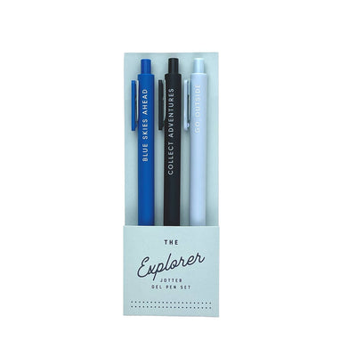 The Explorer Jotter Gel Pen: Set of 3 by Ruff House Print Shop features blue, black, and light blue fine point pens with motivational text—perfect for jotting down your next adventure.