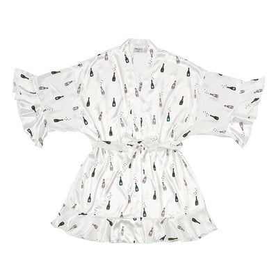 Bella Sleep + Spas Ruffled Satin Robe - Champagne Bottles is a silky satin kimono-style robe with a belt and wide sleeves, featuring a playful print of vibrant champagne bottles and a charming ruffled hem for added flair.