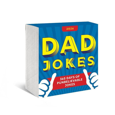 The 2026 Dad Jokes Boxed Calendar by Sourcebooks features 365 days of punbelievable jokes with cartoon hands giving two thumbs up on a blue background—a hilarious day-by-day calendar for endless laughs.