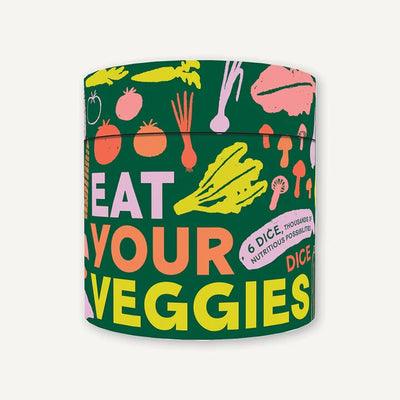 A green cylindrical container featuring colorful illustrations of carrots, mushrooms, and tomatoes prominently shows Eat Your Veggies Dice by Chronicle Books. With 6 dice, it inspires creativity and offers countless healthy possibilities for a fun nutritional boost.