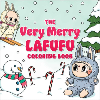 A charming winter scene from the Very Merry Lafufu Coloring Book by Simon & Schuster shows a snowman, candy canes, snowy hills, a bunny-costumed character sitting, and another skiing—perfect Christmas fun for all ages!.