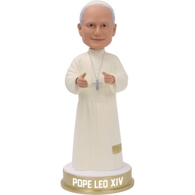 The Pope Leo XIV Bobblehead by the National Bobblehead Hall of Fame and Museum features a man in a white robe with a cross necklace, standing on a "POPE LEO XIV" base giving double thumbs-up—a must-have for collectors or fans.