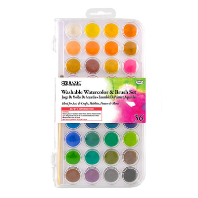 The BAZIC Products Watercolor Paint with Brush - 36 Colors set features vibrant, non-toxic paints in a clear plastic case and includes a quality paintbrush.
