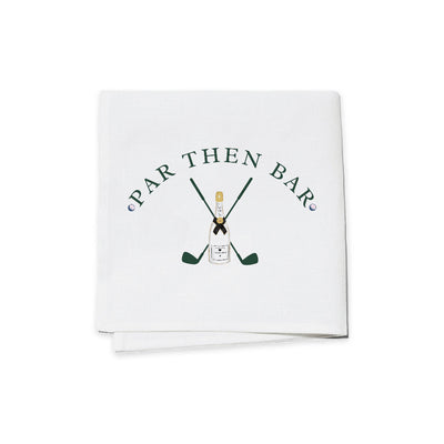 The Par then Bar Cocktail Napkins by Toss Designs feature the text PAR THEN BAR above crossed green golf clubs and a centered champagne bottle, adding a chic touch to any event. Set of 4.