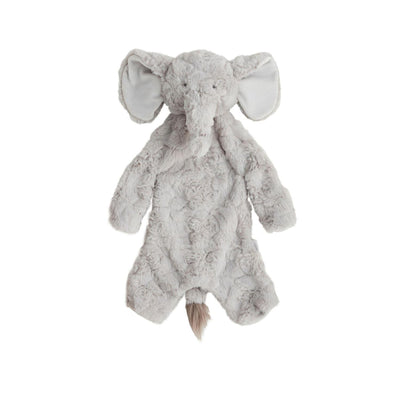 The Elephant Drag A Long Woobie from Mud Pie resembles an elephant with large ears, a long trunk, and a soft, gray faux fur-covered body. Made from 100% polyester, it includes a cute tail and is displayed on a plain white background.