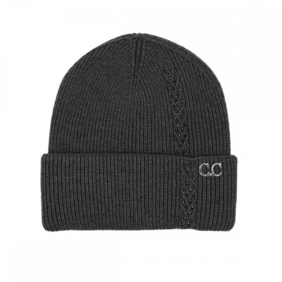 The Bead Embellished Knit Beanie in Black by Judson & Company features a ribbed knit, folded brim, bead accents, and a stylish design.