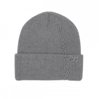 The Judson & Company Bead Embellished Knit Beanie in Grey features a folded brim, subtle vertical patterns, and a small metallic logo on the side.