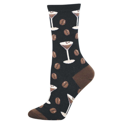 Socksmiths Espresso Martini Womens Socks: black cotton socks with white martini glasses, brown drinks, and coffee beans. Solid brown heel and toe. Fits womens shoe size 5-10.5 (sock size 9-11). Stylish comfort all day.