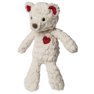 The Smoochy Putty Teddy by Mary Meyer is a fluffy, machine washable white teddy bear with red ears and a red heart on its chest, featuring a brown nose. It stands upright against a plain background.