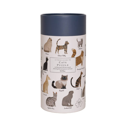 A cylindrical tube with a dark blue lid from 123 Farm, the Cats Puzzle – 500 Pc Tube with Vintage Illustrations, features cat breed drawings and contains 500 pieces.