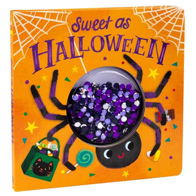 The Sequin Shaker: Sweet As Halloween board book by Simon & Schuster features a smiling black spider with a clear, bead-filled belly. Spider webs, candy, and a black cat decorate the cover, creating an interactive Halloween experience.