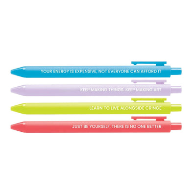 The Swift Affirmations pen set by MangoIllustrated includes four motivational pens, each featuring an inspiring Taylor Swift quote—perfect daily reminders to keep creating, be yourself, and cherish your energy.