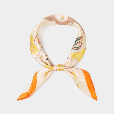 The Flower Printed Square Scarf by Sensibling Corp. features a soft beige and yellow floral design, orange edges, and can be tied in a neat knot to add delicate elegance to any outfit.