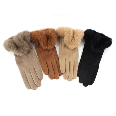 Four pairs of Pretty Persuasions Arches Faux Fur Trimmed Gloves in beige, brown, tan, and black, each featuring a soft polyester faux fur cuff, are displayed side by side on a white background.