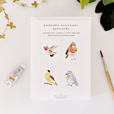 Backyard birds paintable notecards by emily lex studio: a DIY set with four illustrated bird cards, paintbrush, paint tube, green leaves, and gold star garland—perfect for adding your own watercolor touch.