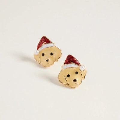 The Golden Stella Christmas Dog Earrings feature puppy faces in red glitter Santa hats with white trim, crafted from zinc and measuring 0.75 inch. Made in China and shown on a plain light background.