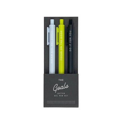 The Goals Jotter Gel Pen set from Ruff House Print Shop includes three gel pens in sleek black packaging, ideal for employee gifts. Each pen features uplifting messages: Dream Big Set Goals on light blue, Focus on the Good on green, and Do It for You on black.