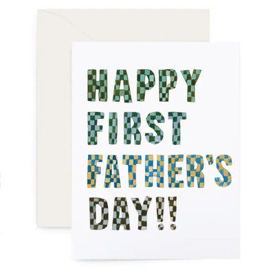 The First Fathers Day Card by lanas shop features HAPPY FIRST FATHERS DAY!! in a vibrant mosaic on thick white cotton paper. It comes with a plain white envelope and has a blank inside for a personal touch. Printed in Denver, it offers quality and charm with its pristine background.