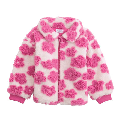 The Flower Sherpa Jacket by Mud Pie is a childrens fluffy sherpa jacket with a white base, large irregular pink polka dots, collar, front zipper, and pink cotton rib cuffs.
