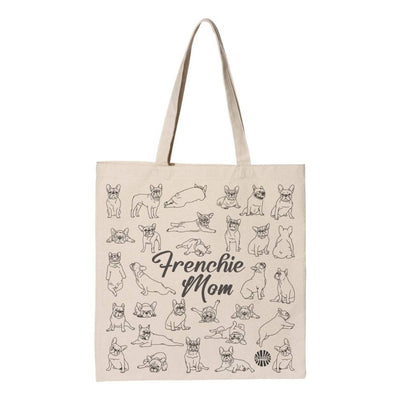 The Sween Shop Frenchie Mom Tote Bag is a beige cotton canvas tote featuring black line art of playful French bulldogs and Frenchie Mom in bold script—perfect for errands or outings.