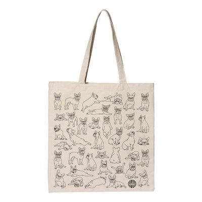 The Sween Shop French Bulldog Canvas Tote Bag is a beige cotton tote with a grid of playful black French Bulldog sketches—stylish, reusable, and perfect for dog lovers.