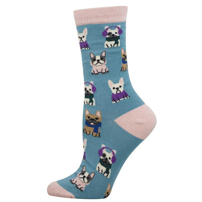 Socksmith Frenchie Dressing Women’s Socks: Blue cotton crew socks with pink heel, toe, and cuff, featuring French bulldogs in sweaters and headphones. Fits women’s shoe size 5–10.5 (sock size 9–11).