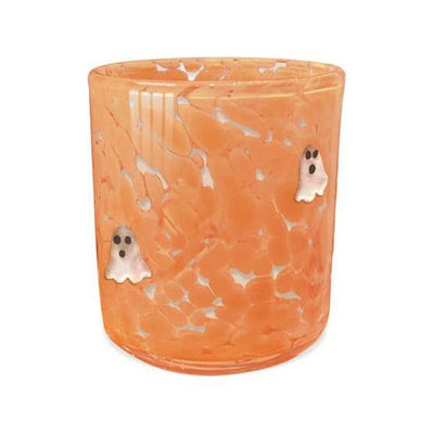The SOi Company Candy Corn Ghost 12oz Icon Halloween Candle comes in an orange marbled glass tumbler featuring two white ghosts—perfect for holding your favorite Halloween candle.